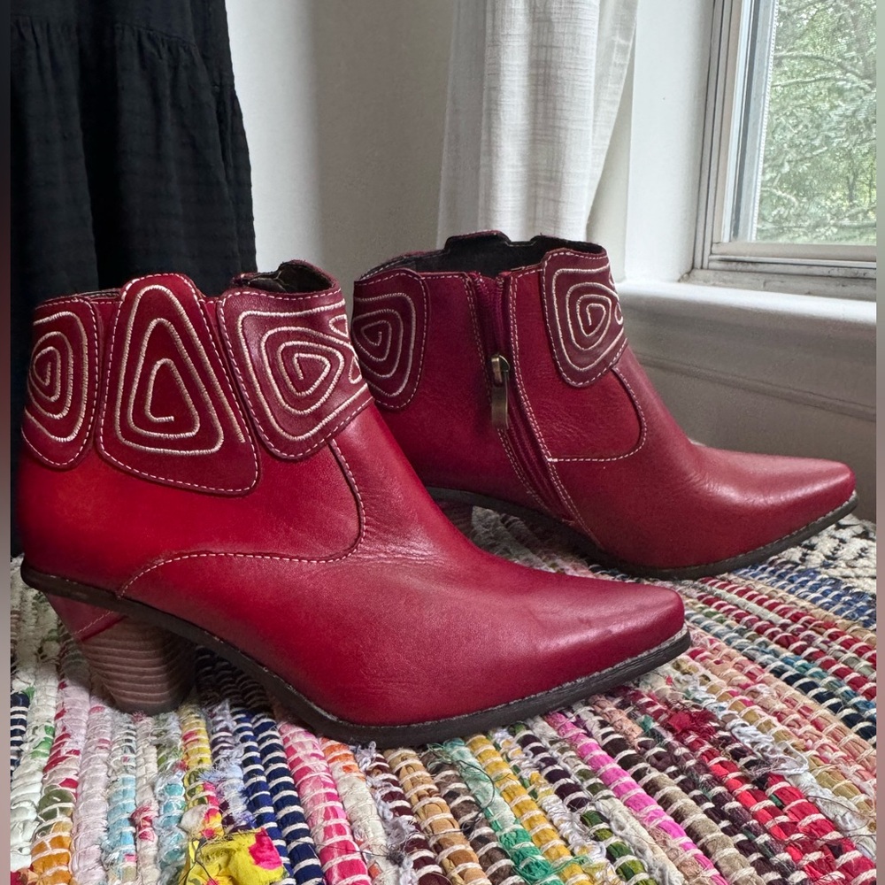 Adorable Red Leather booties. Never worn. Perfect statement for Autumn.